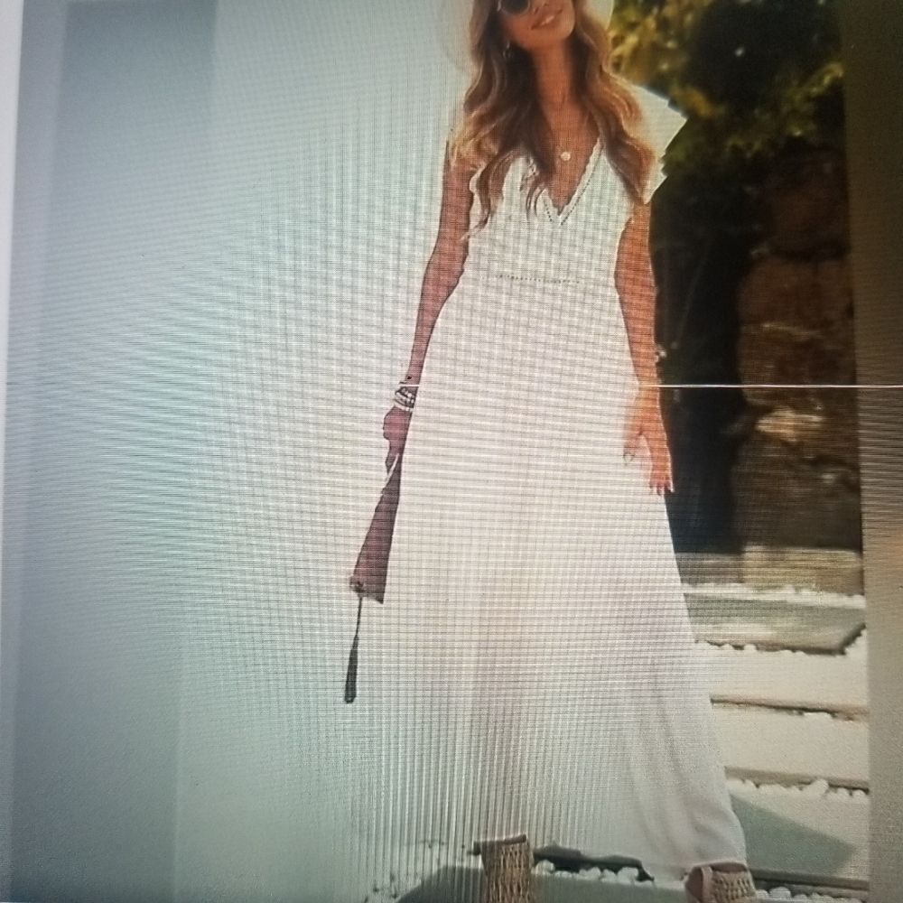 White Fairy Cottage Core Ruffled  Three Tier Maxi Dress With Lace Trim Size M